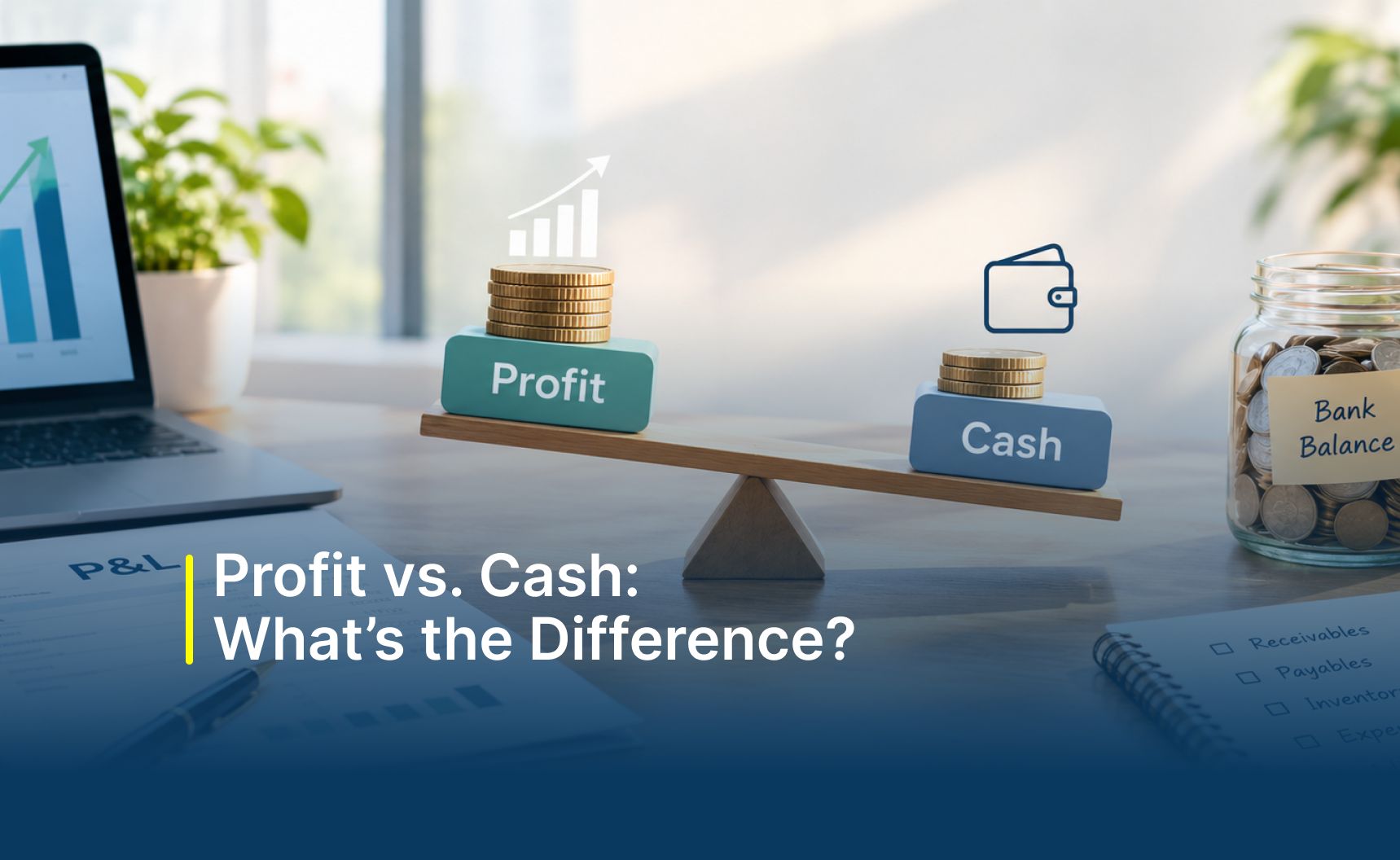 A balance scale compares coin stacks labeled “Profit” and “Cash,” beside a laptop chart and bank-balance jar; title asks how they differ.
