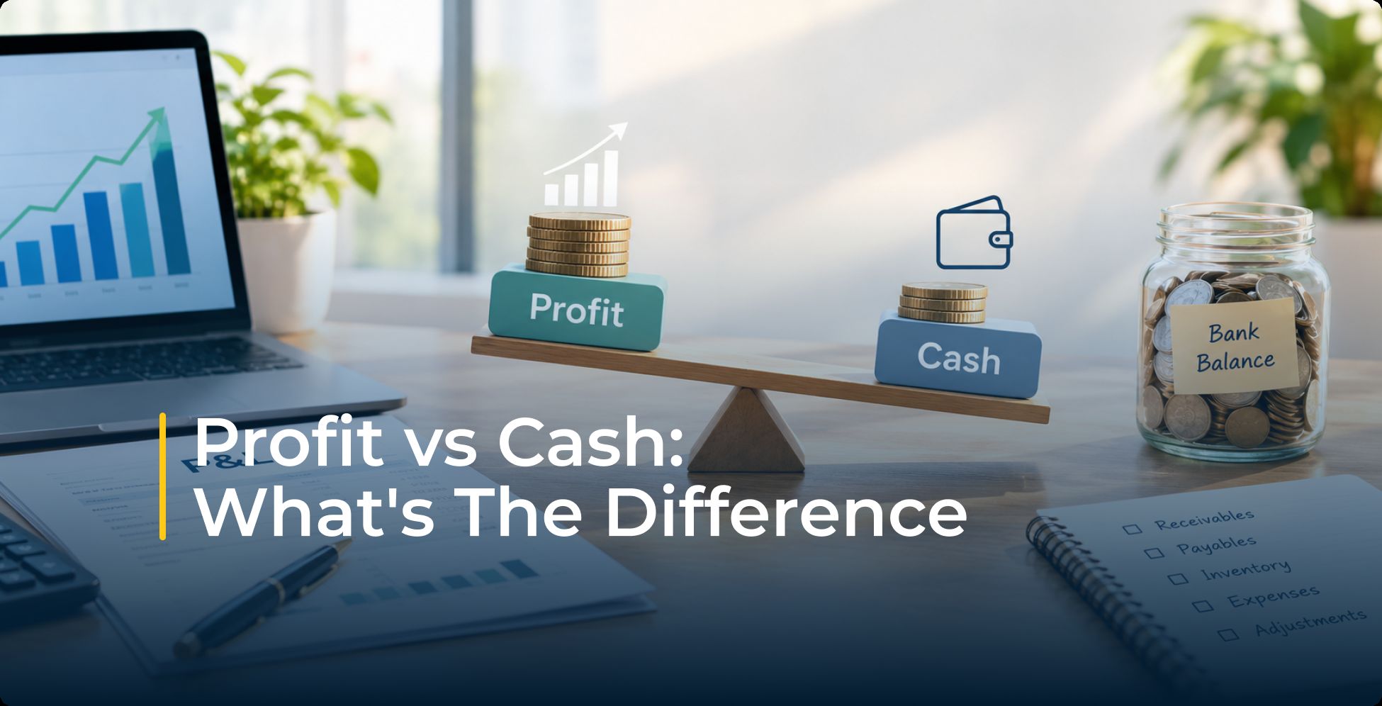 A balance scale compares coin stacks labeled “Profit” and “Cash,” beside a laptop chart and bank-balance jar; title asks how they differ.