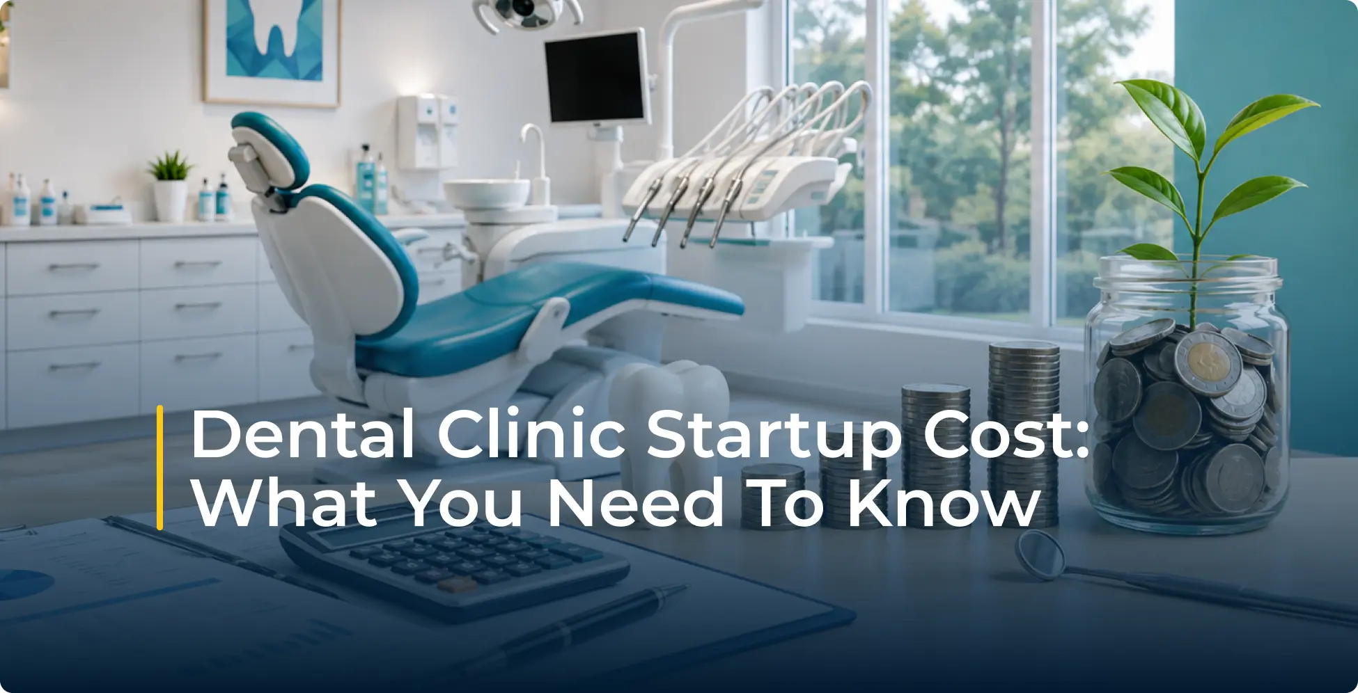 Bright, modern dental clinic with teal chair, equipment, plant, calculator,  penand coin jars; overlay reads “Dental Clinic Startup Cost: What You Need To Know.”